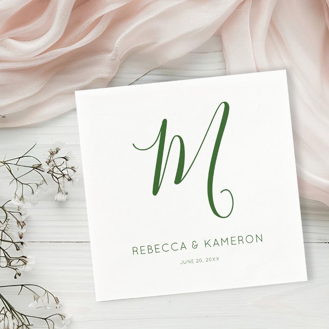 Serviette En Papier Emerald Vert et blanc Simple Élégant | Monogramme (Créateur téléchargé)