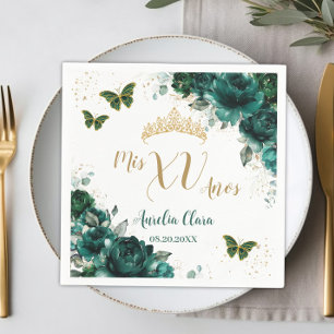 Serviette En Papier Émeraude Florale Quinceanera Gold Butterflies