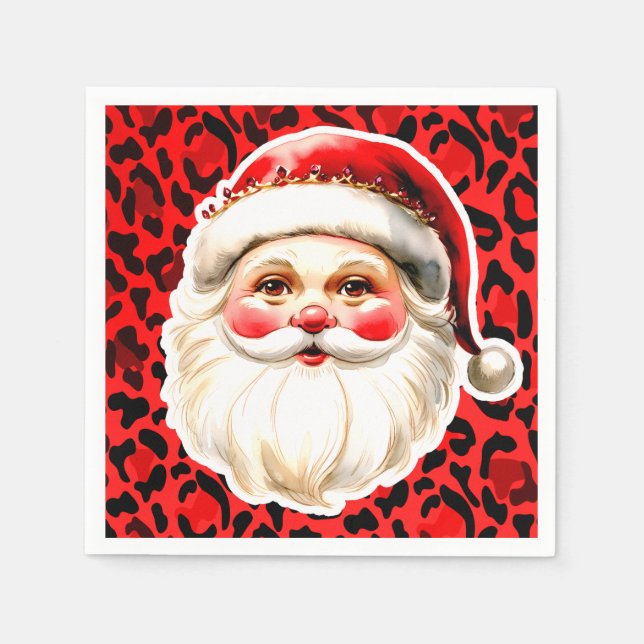 Serviette En Papier Empreinte de léopard rouge Retro Père Noël (Devant)