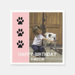 Serviette En Papier Empreintes de pattes Pink Kids Name Photo Birthday