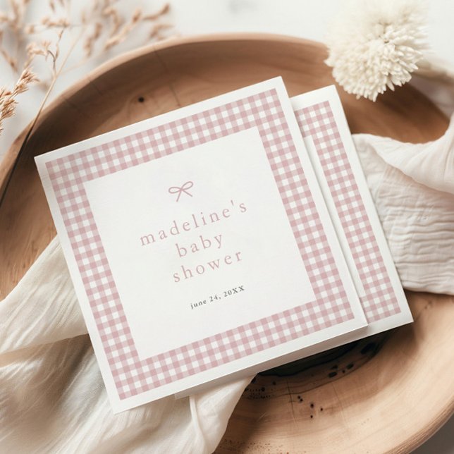 Serviette En Papier en vichy Simple Bow Dusty Rose Girls Baby shower (Dusty pink bow gingham girls baby shower napkins.)