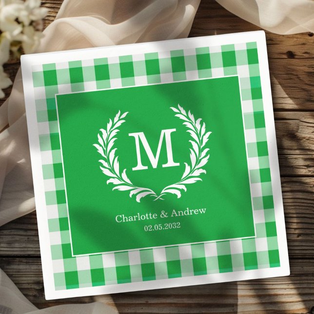 Serviette En Papier En vichy vert Monogramme Crest (Green Gingham Monogram Crest Custom Napkins with your Monogram, names and Date.)