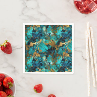 Serviette En Papier Encre d'alcool turquoise et or