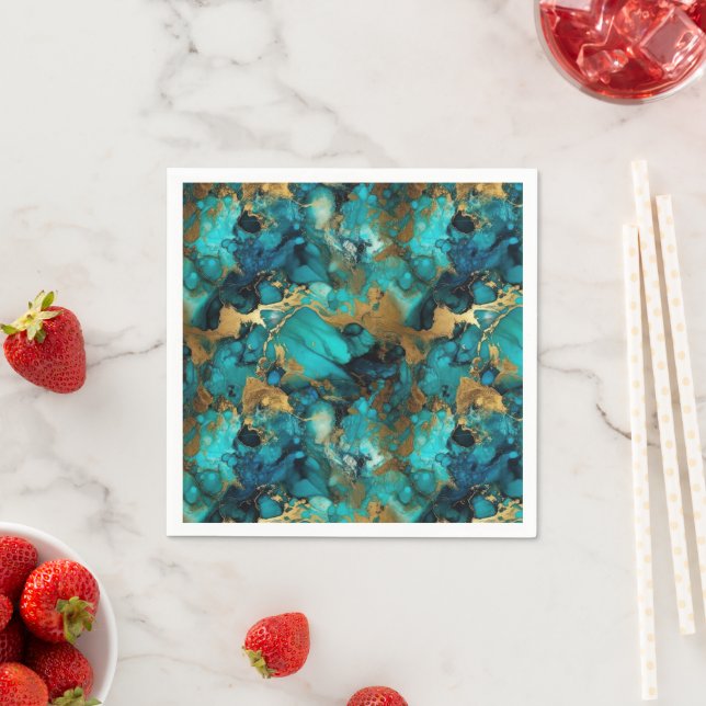 Serviette En Papier Encre d'alcool turquoise et or (En situation)