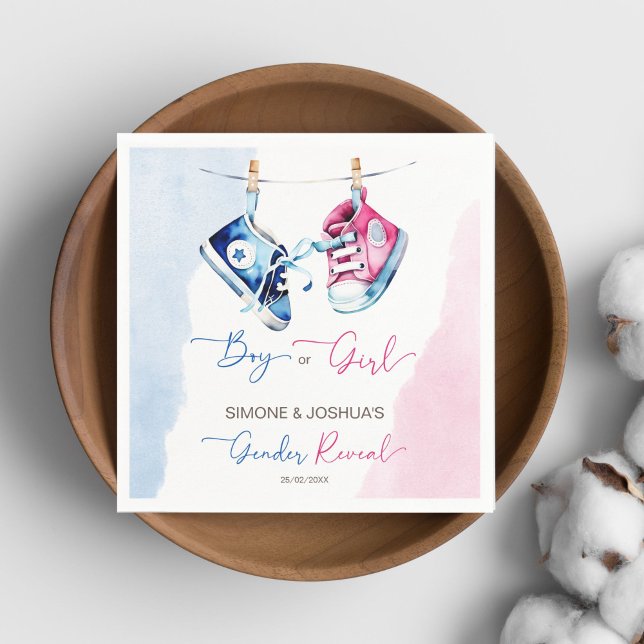 Serviette En Papier Enfant basket garçon ou fille rose bleu sexe révél (Baby sneakers boy or girl pink blue gender reveal party tableware personalized template napkins)