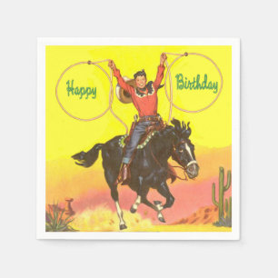 Serviette En Papier Enfant Cowboy À Cheval Avec Cordes Joyeux Annivers