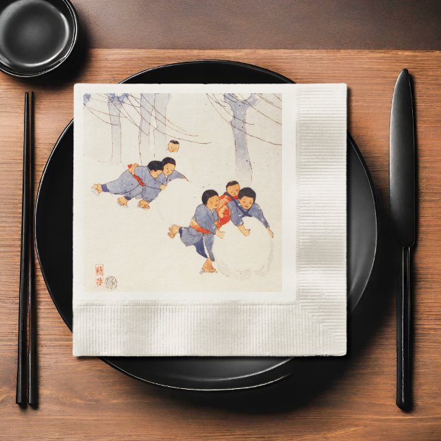 Serviette En Papier Enfants japonais roulant de grandes boules de neig (Créateur téléchargé)