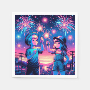 Serviette En Papier Enfants tenant un feu d'artifice le 4 juillet