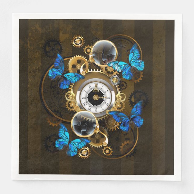 Serviette En Papier Engrenages à vapeur et papillons bleus (Devant)