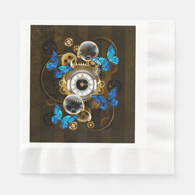 Serviette En Papier Engrenages à vapeur et papillons bleus (Devant)