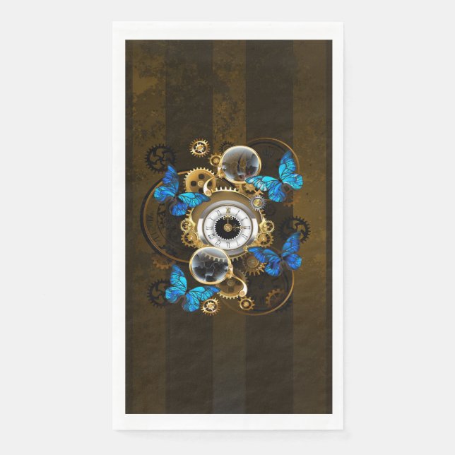 Serviette En Papier Engrenages à vapeur et papillons bleus (Devant)