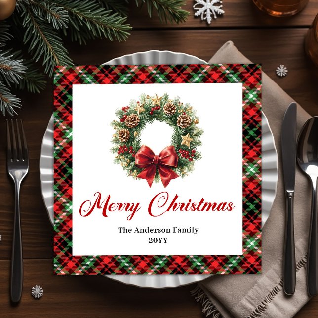 Serviette En Papier Ensemble de serviettes de Noël en rouge vert rusti (Rustic Red Green Christmas Wreath Napkin Set)