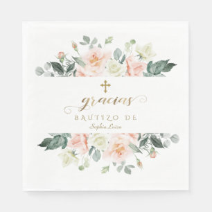 Serviette En Papier Espagnol Blush Fleurs blanches Gold Girl Bautizo