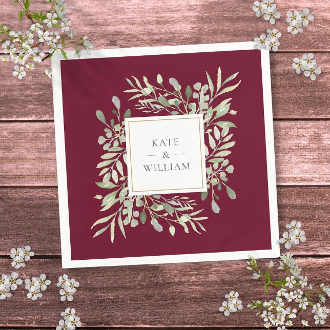 Serviette En Papier Étanchéité personnalisée de l'aquarelle Bourgogne (Personalized Burgundy Greenery Watercolor Foliage Napkins)