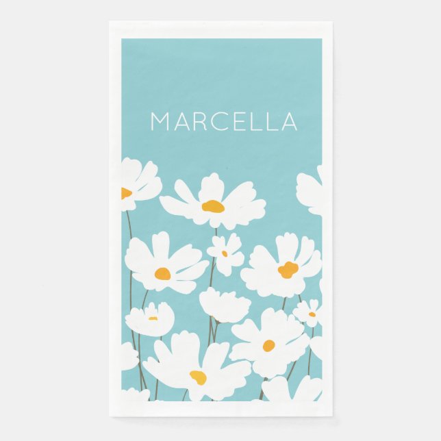 Serviette En Papier Été Blanc Fleurs Cosmos Nom personnalisé (Devant)