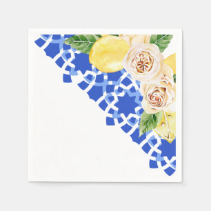 Serviette En Papier Eté Carreaux et citrons bleu méditerranéen