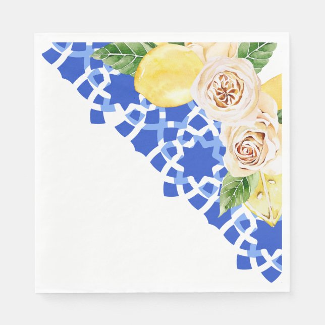 Serviette En Papier Eté Carreaux et citrons bleu méditerranéen (Devant)