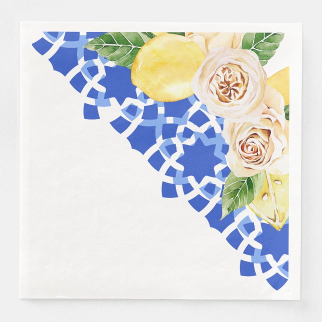 Serviette En Papier Eté Carreaux et citrons bleu méditerranéen (Devant)