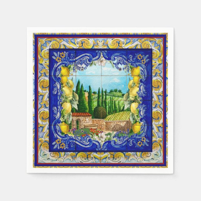 Serviette En Papier été italien Majolica carreaux bleu citrus (Devant)
