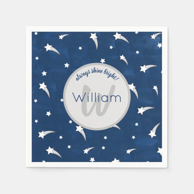 Serviette En Papier Etoiles Bleu Aquarelle Monogramme Bébé Garçon Anni (Devant)
