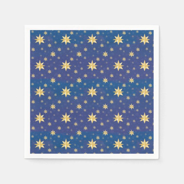 Serviette En Papier Étoiles de Noël Or sur bleu (Devant)
