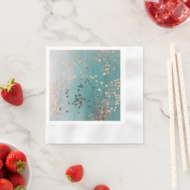 Serviette En Papier Étoiles d'or chatoyantes sur Turquoise (En situation)
