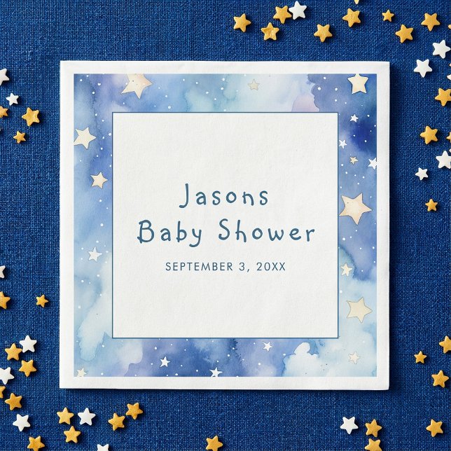 Serviette En Papier Etoiles rêve baby shower bleu invitation (Stars dreamy baby shower blue invitation napkins.)