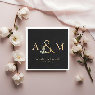 Serviette En Papier Eucalyptus, Ampersand, Noir, Or, Mariage