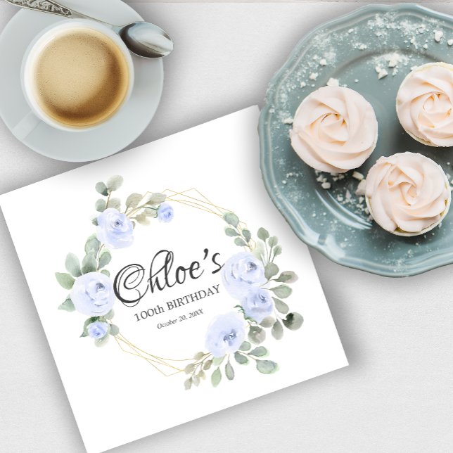 Serviette En Papier Eucalyptus Blue Rose Floral 100e fête d'anniversai (Créateur téléchargé)