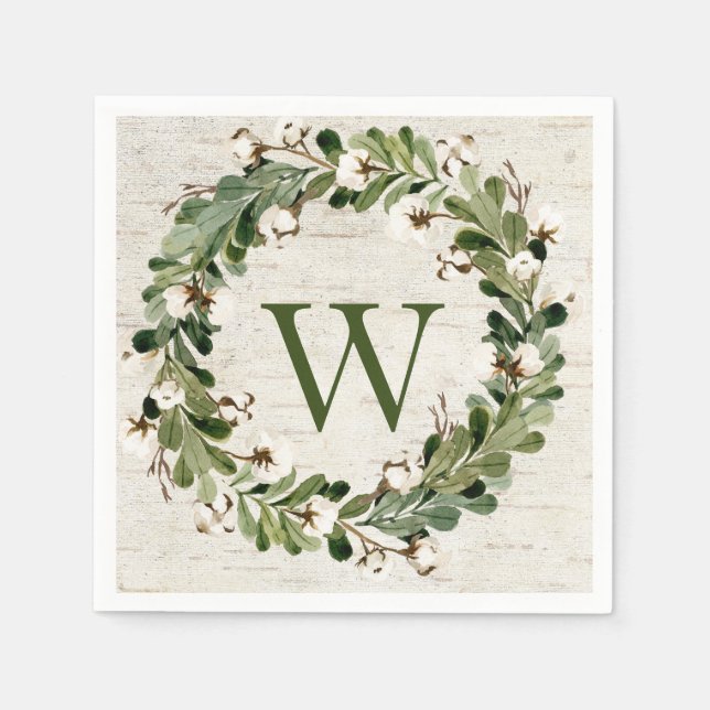 Serviette En Papier Eucalyptus & Cotton Birch Wreath Monogramme (Devant)