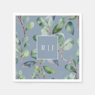 Serviette En Papier Eucalyptus Dusty Blue Monogram Mariage