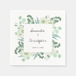 Serviette En Papier Eucalyptus Fleurs vertes Mariage écriture manuscri