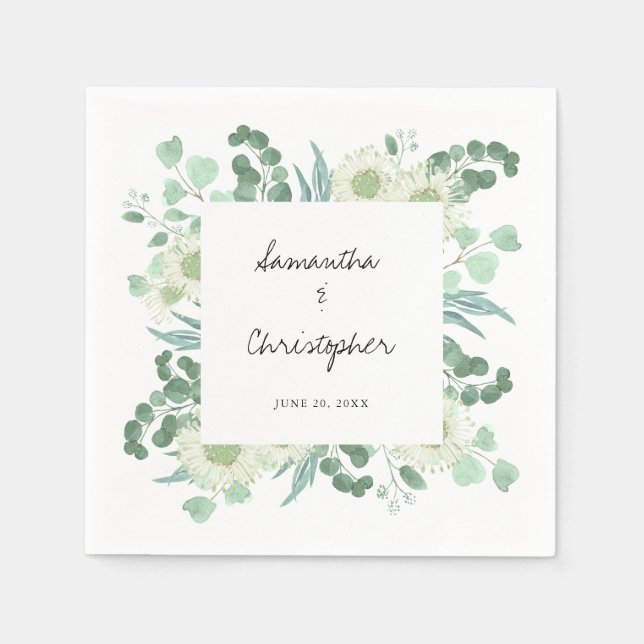 Serviette En Papier Eucalyptus Fleurs vertes Mariage écriture manuscri (Devant)