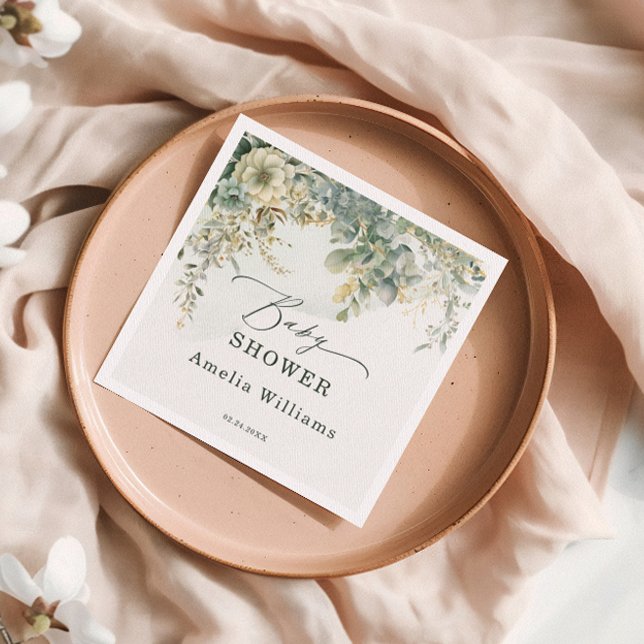 Serviette En Papier Eucalyptus Floral Aquarelle Or Vert (Créateur téléchargé)