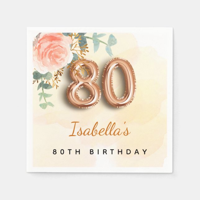 Serviette En Papier eucalyptus rose or fleuri nom 80e anniversaire (Devant)