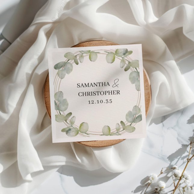 Serviette En Papier Eucalyptus Rustique Mariage vert et or (Créateur téléchargé)