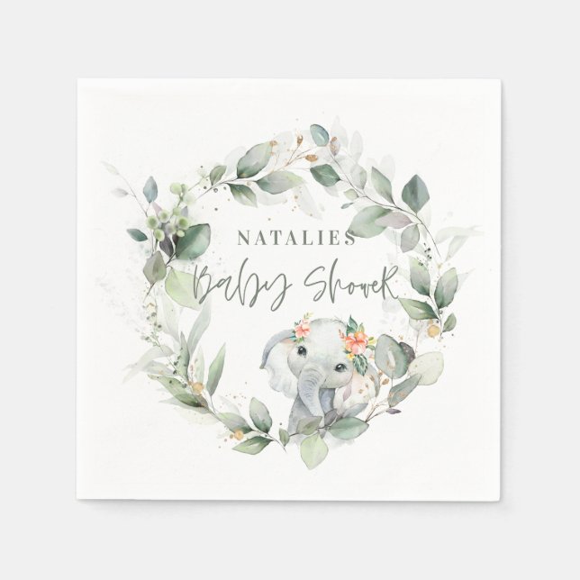 Serviette En Papier eucalyptus sauge vert mignon baby shower d'éléphan (Devant)