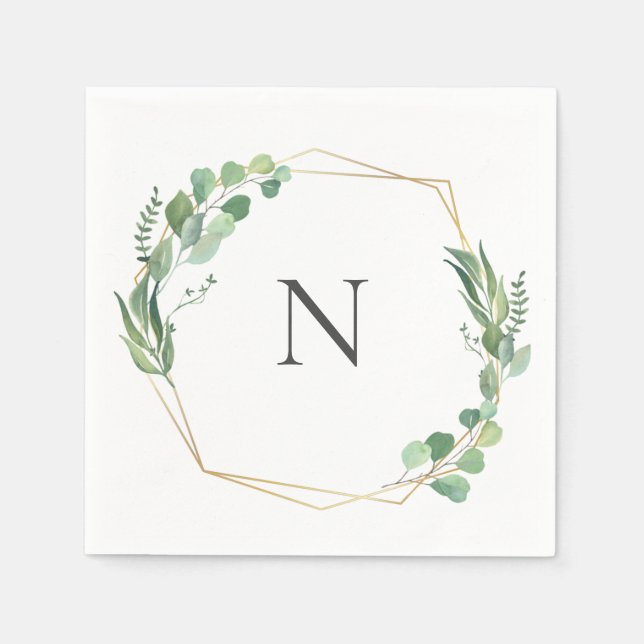 Serviette En Papier Eucalyptus Verdure Monogram Gold Frame Mariage (Devant)