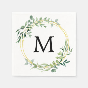 Serviette En Papier Eucalyptus Verdure Monogramme Mariage Vert Or