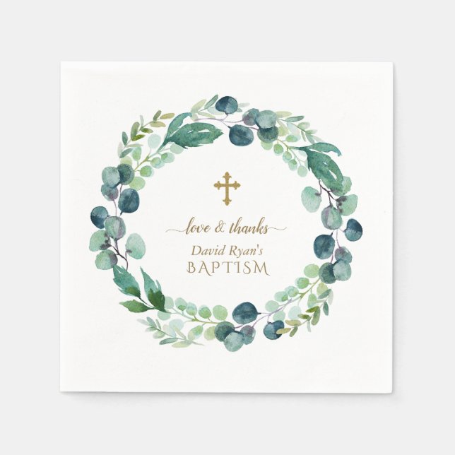 Serviette En Papier Eucalyptus verdure Wreath Gold Cross Baptême (Devant)