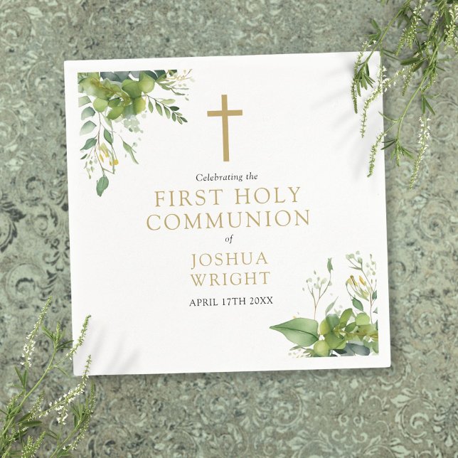 Serviette En Papier Eucalyptus Vert Floral Première Communion Sainte (Eucalyptus Greenery Floral First Holy Communion Napkins)