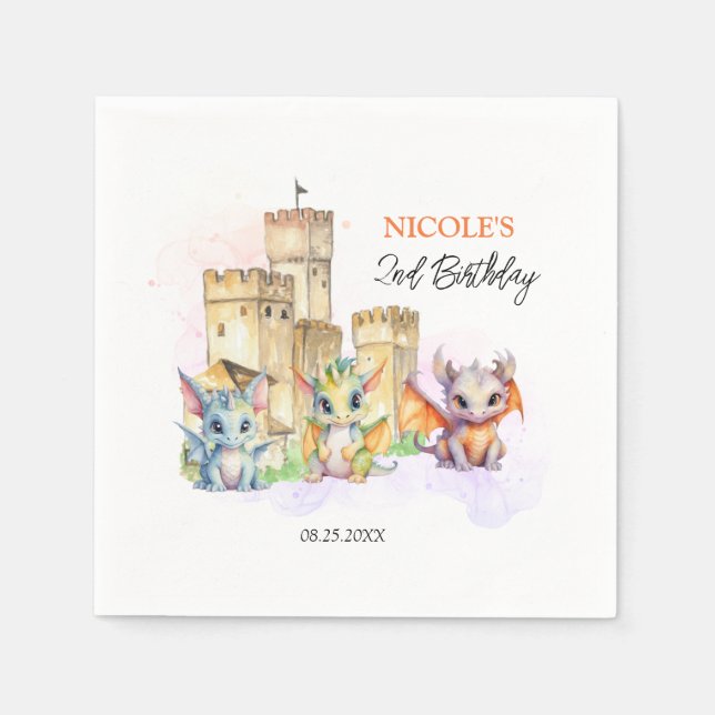 Serviette En Papier Fairytale Cute Baby Dragons Château Anniversaire (Devant)