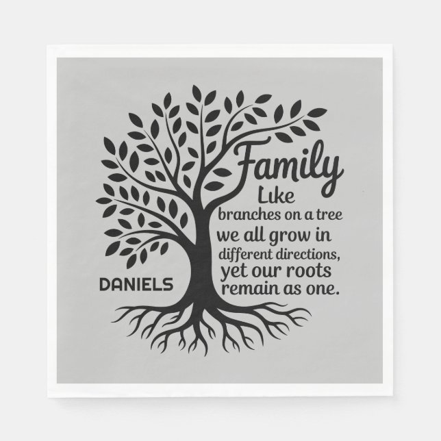 Serviette En Papier Family Tree Black & Gray Personalized Family Name (Devant)