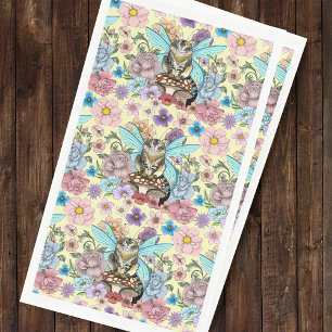Serviette En Papier Fantaisie Pastel Chat Féerique Tigré Floral 