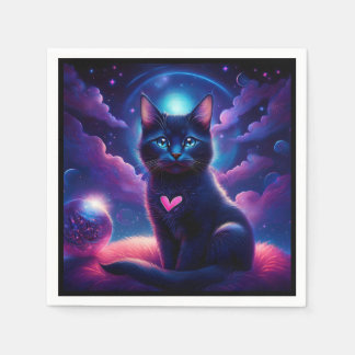 Serviette En Papier Fantasy Scene Black Kitten Beautiful Blue Eyes