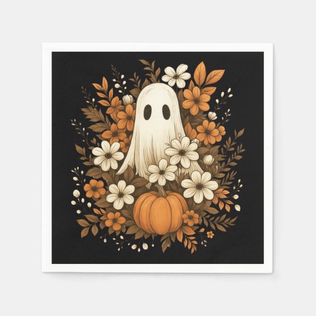 Serviette En Papier Fantôme mignon avec Citrouille et fleurs d'automne (Devant)