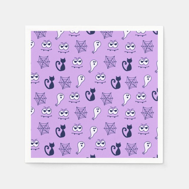 Serviette En Papier Fantôme, toiles d'araignées et chats noirs violet (Devant)