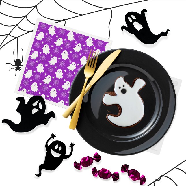 Serviette En Papier Fantômes mignons | Araignées | Spider Webs Hallowe (Cute Ghosts, Spiders and Spider Webs Halloween Purple and White Patterned Napkins)
