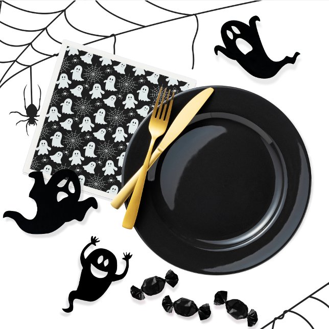 Serviette En Papier Fantômes mignons | Araignées | Spider Webs Hallowe (Cute Ghosts, Spiders and Spider Webs Halloween Black and White Patterned Paper Napkins)