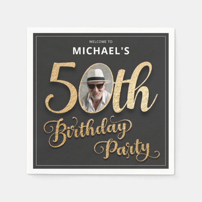 Serviette En Papier Faux Foil Photo personnalisée Black Gold 50e anniv (Devant)